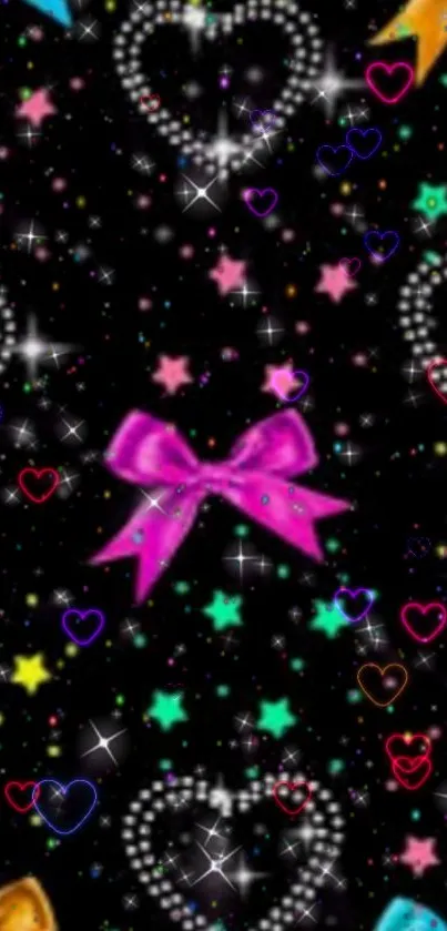 Colorful hearts, stars, and bows on black wallpaper with a sparkly effect.