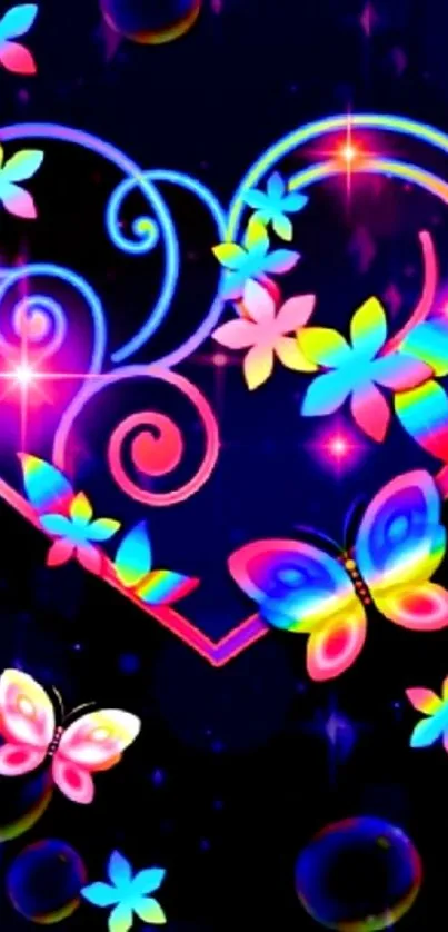 Colorful heart with neon butterflies and flowers on a vibrant background.