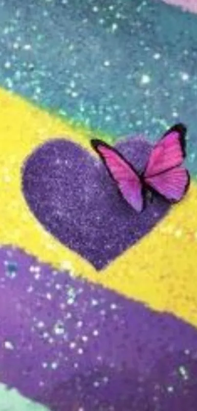 Colorful wallpaper with heart and pink butterfly on a rainbow background.