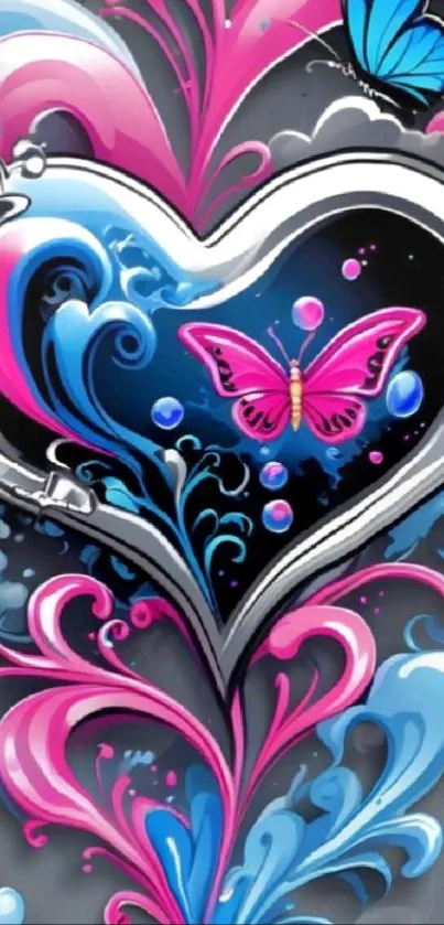 Colorful heart and butterflies mobile wallpaper with vibrant pink, blue, and gray tones.