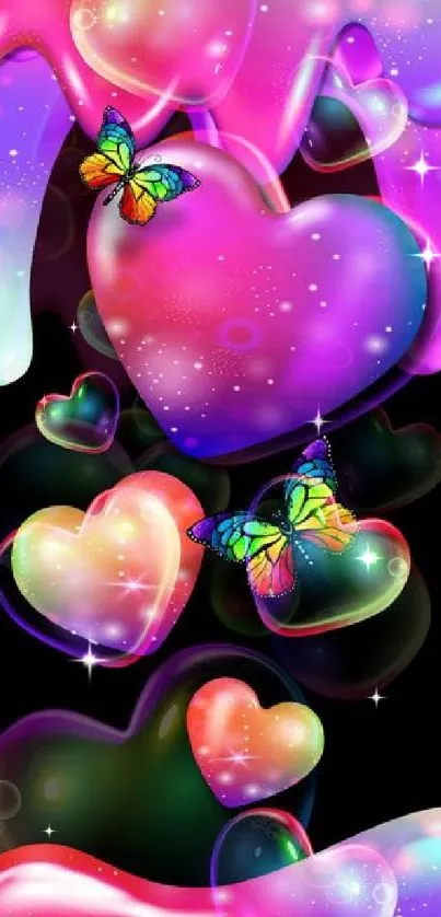 Colorful hearts and butterflies on black background.