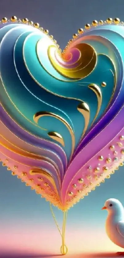 Colorful heart design with dove in vibrant hues.