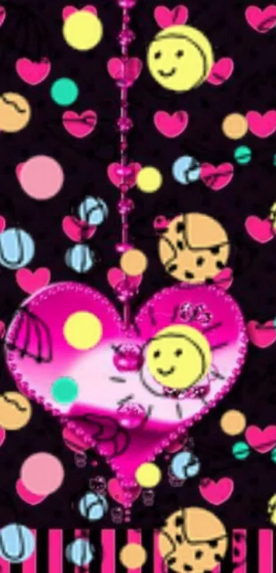 Colorful heart and emojis on dark wallpaper.