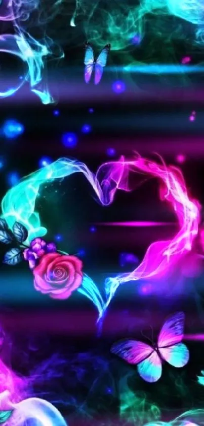 Neon heart with flowers and butterflies on a colorful background.