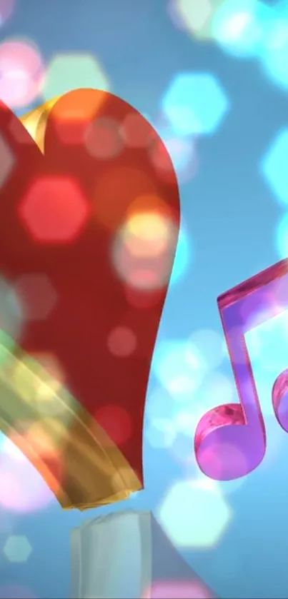 Colorful wallpaper with red heart and music note on blue bokeh background.