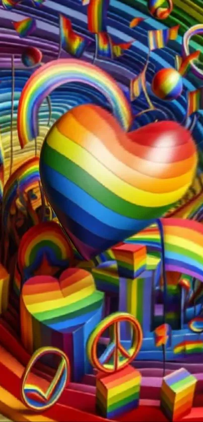 Colorful rainbow heart with peace symbols in dynamic design.