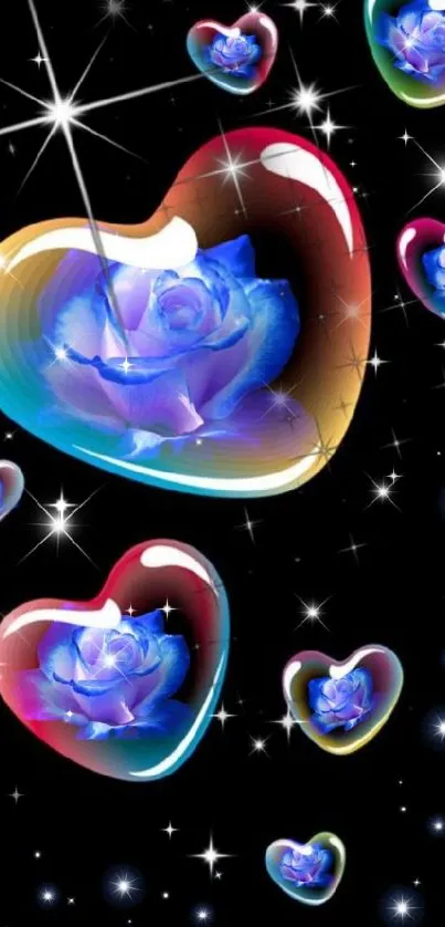 Colorful hearts with blue roses on a starry black background.