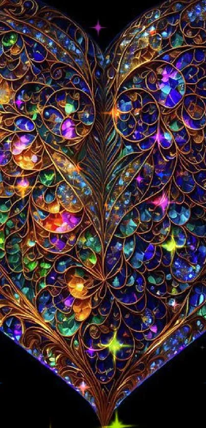 Intricate colorful heart-shaped art on black background.