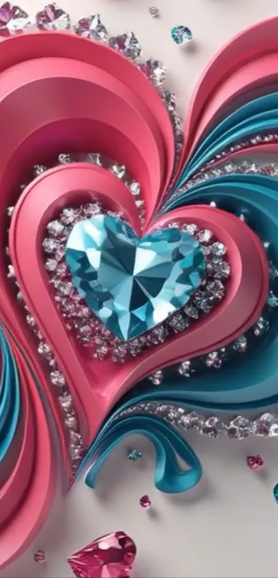 Vibrant abstract heart with jewels in blue and pink tones.