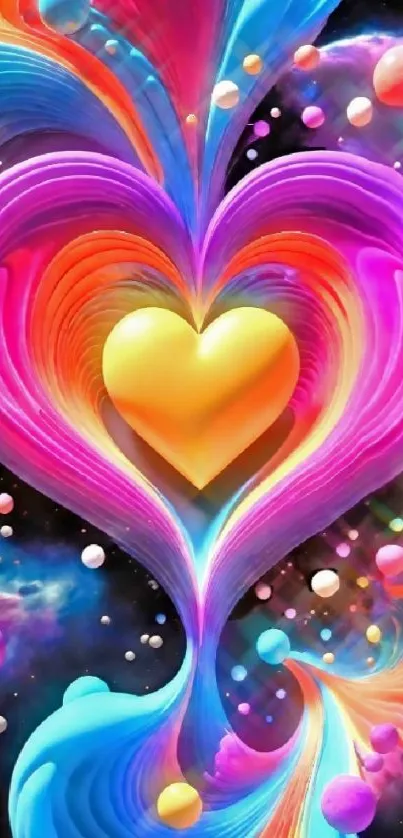 Colorful heart-shaped galaxy with vibrant swirls and cosmic details.