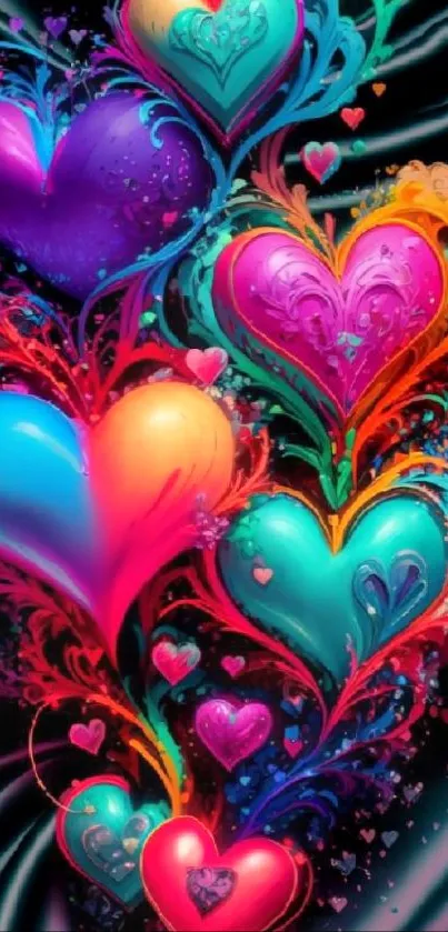 Vibrant neon heart art with colorful swirl design.