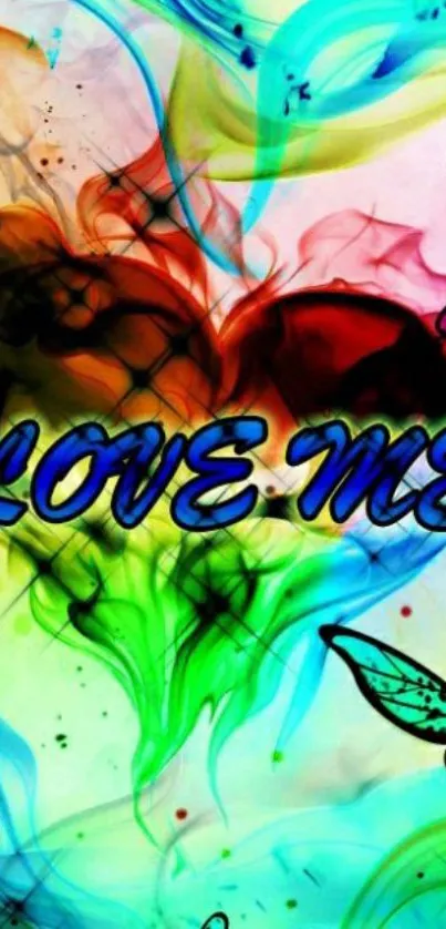 Colorful heart wallpaper with 'Love Me' text and butterflies.