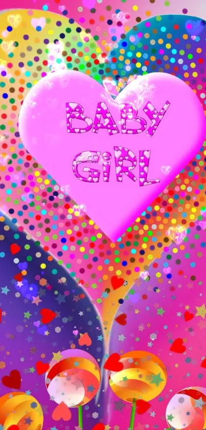 Pink heart 'Baby Girl' surrounded by dots and hearts on a colorful background.