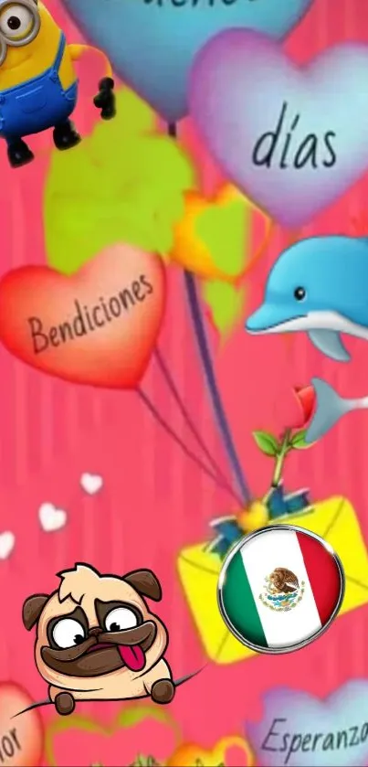 Colorful heart balloons with a cartoon dolphin and cute animals on a pink background.