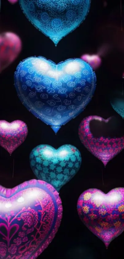 Vibrant heart balloons against dark sky.