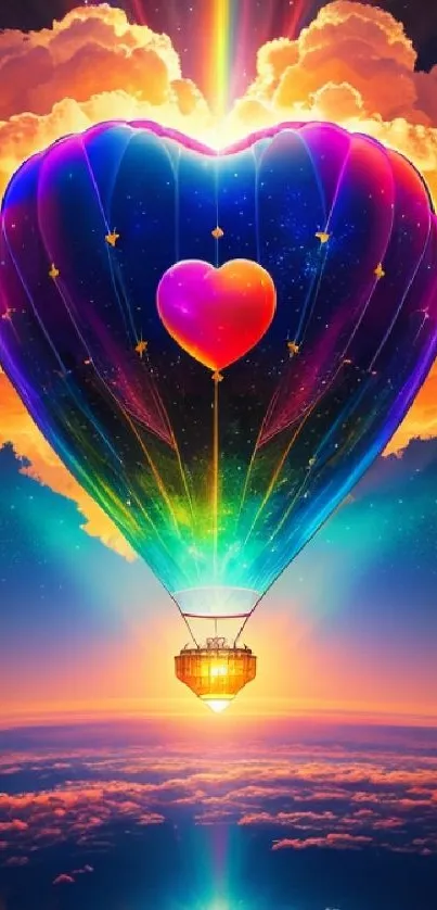 Heart-shaped hot air balloon under colorful sunrise skies.