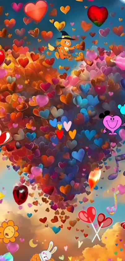 Colorful heart-shaped balloons with whimsical cartoon design.