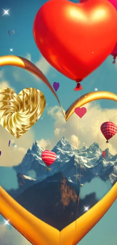 Colorful heart balloons over mountains with a gold heart accent.
