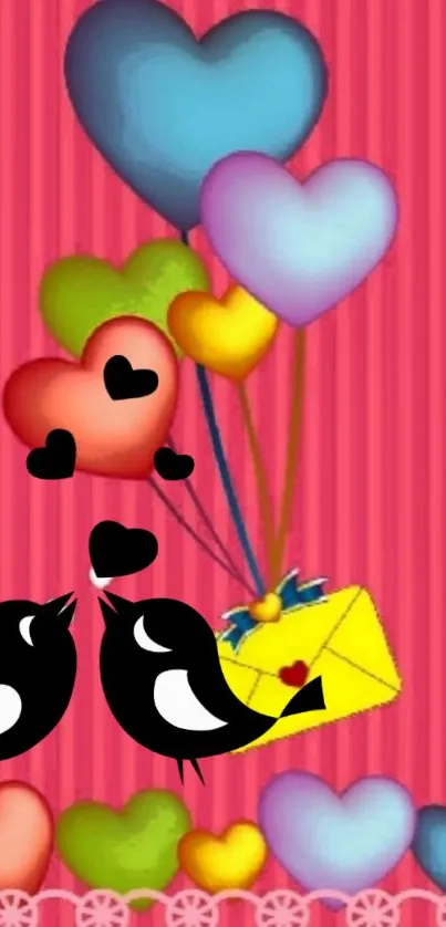 Colorful heart balloons with birds on pink wallpaper.