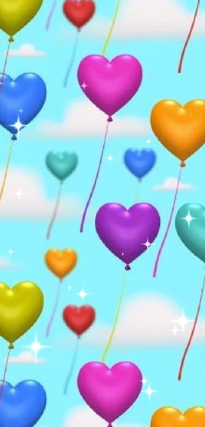 Colorful heart-shaped balloons on a bright blue sky background with clouds.