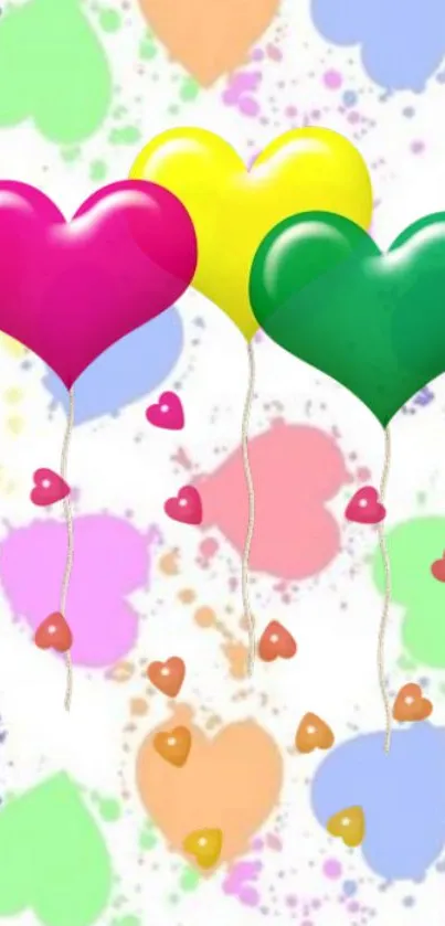 Heart-shaped balloons on pastel heart background.