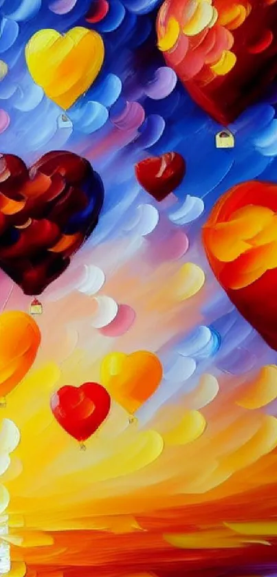 Colorful heart balloons float against a vibrant sunset sky.