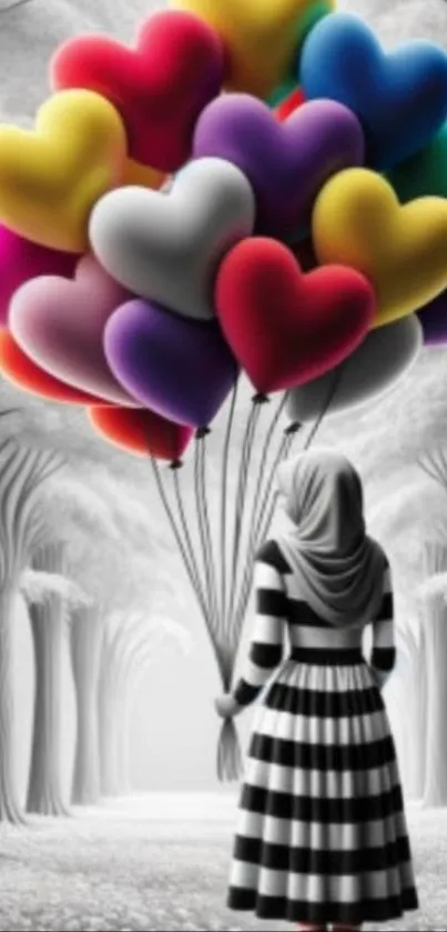 A figure holding colorful heart balloons in a fantasy forest.