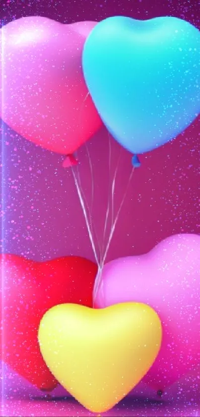Heart-shaped balloons in bright colors on magenta background.
