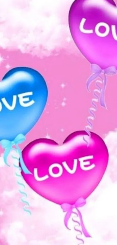 Pink, purple, and blue heart balloons on a cloud background.