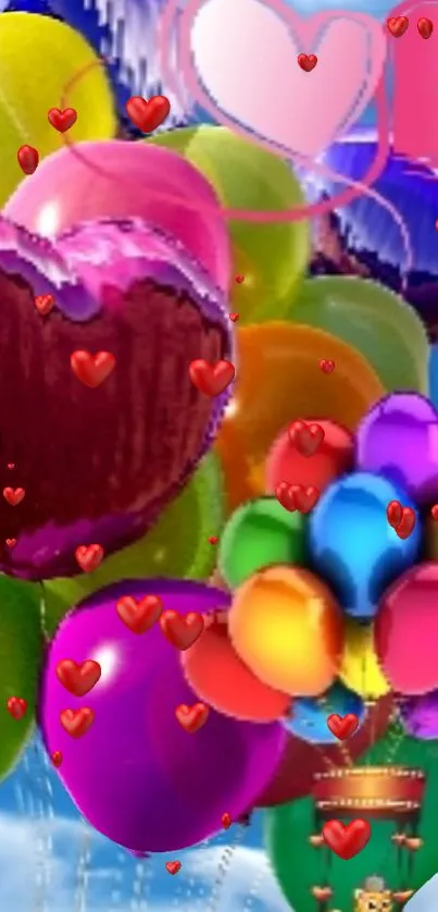 Colorful heart balloons in vibrant sky wallpaper.