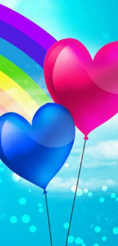 Vibrant wallpaper with heart balloons and rainbow.