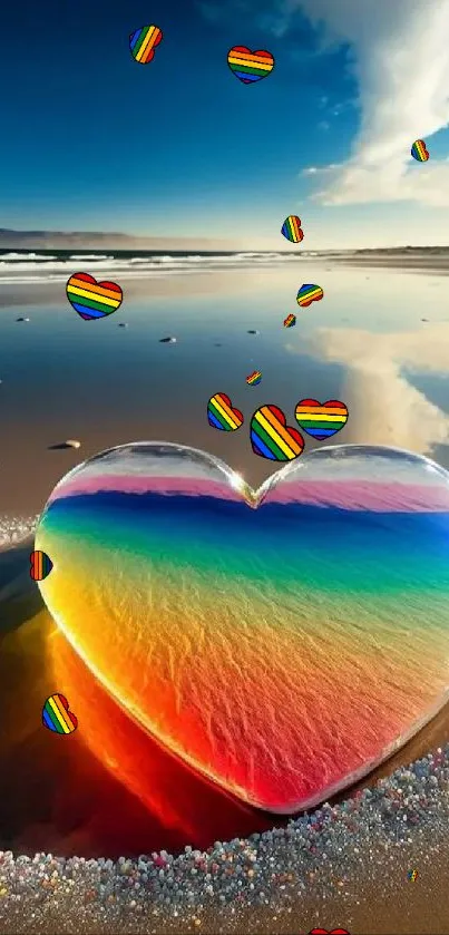 Rainbow heart reflected on a tranquil beach with vibrant colors.