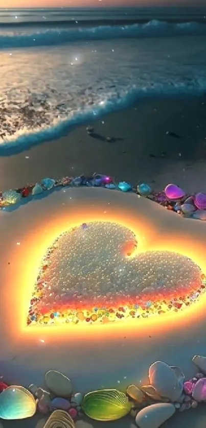 Colorful beach heart surrounded by glowing pebbles.