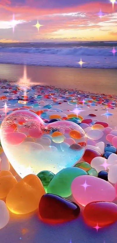 Colorful heart beach stones at sunset.