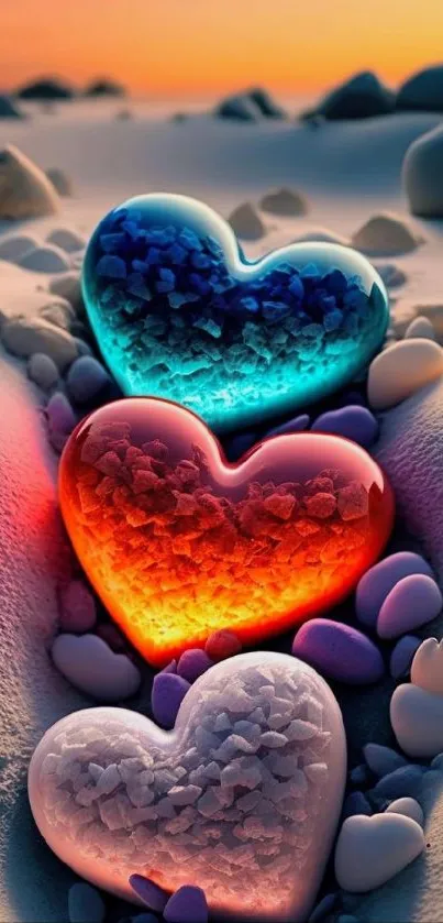 Colorful hearts on sandy beach at sunset.