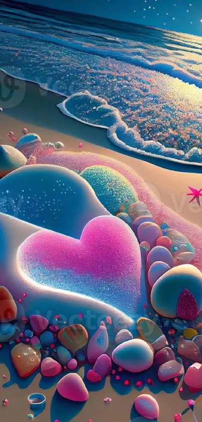 Heart and colorful pebbles on a beach at night.
