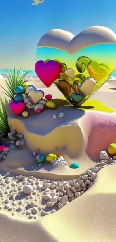 Colorful heart shapes in sandy beach fantasy.