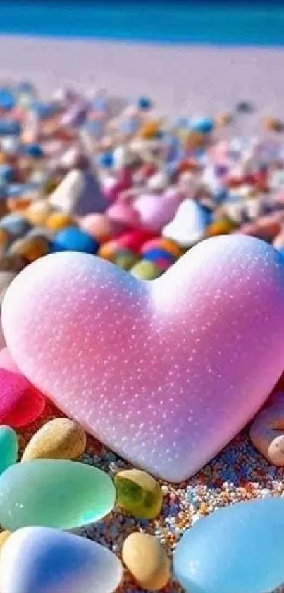 Heart-shaped stone and colorful pebbles on a bright beach setting.