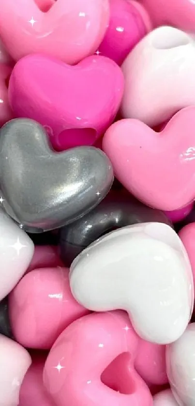 Mobile wallpaper with pink, gray, and white heart-shaped beads.