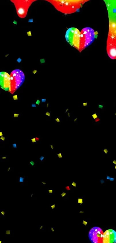 Rainbow hearts and paint on black background wallpaper.