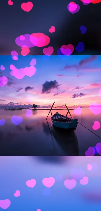 Serene boat at sunset with colorful heart overlays on mobile wallpaper.