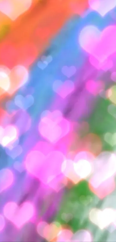 Bokeh wallpaper with colorful hearts and rainbow hues.