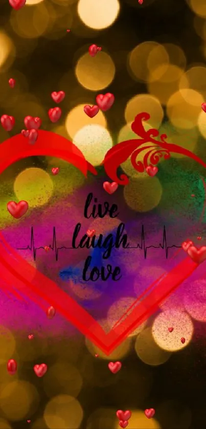 Colorful heart with bokeh lights wallpaper design.