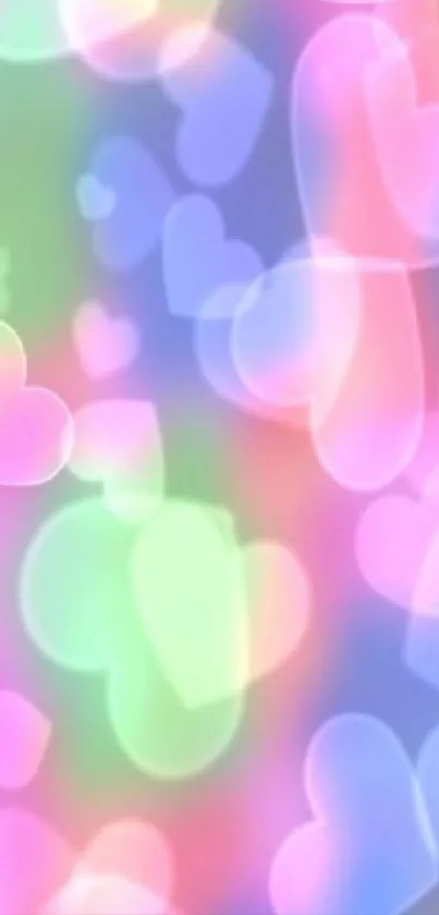 Colorful pastel heart bokeh wallpaper with dreamy effects.