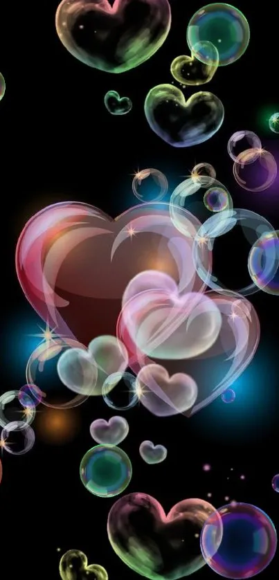 Vibrant heart bubbles on black background wallpaper.