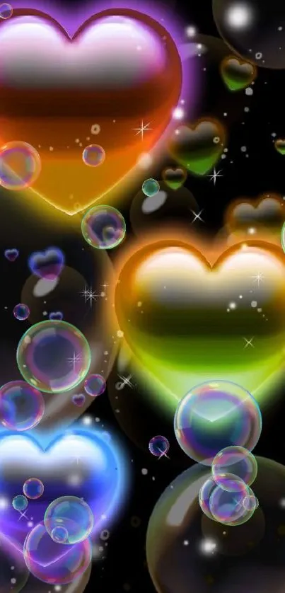 Colorful heart bubbles on black background.