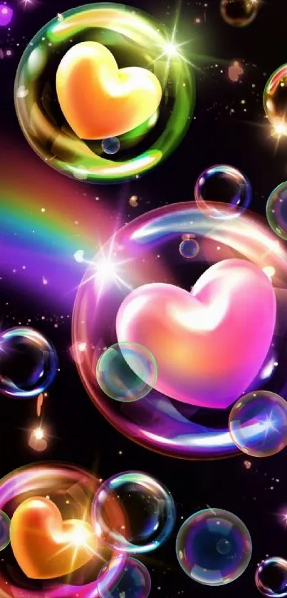 Colorful heart-shaped bubbles on a black background.