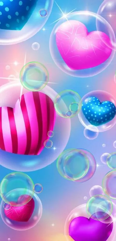 Colorful heart-shaped bubbles on a gradient background, vibrant and cheerful.