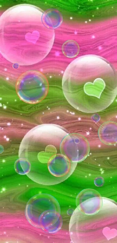 Vibrant wallpaper with heart-shaped bubbles on a green and pink background.