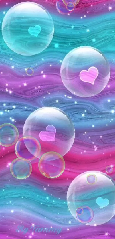 Vibrant wallpaper with colorful waves, bubbles, and hearts.